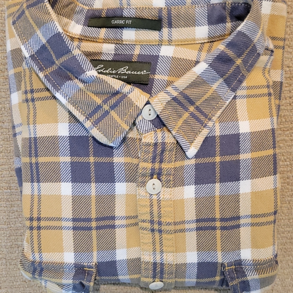 Eddie Bauer Men's Casual Flannel Shirt - Grey and Mustard. XXL